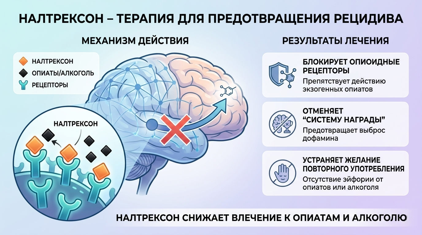 Инфографика механизма действия Налтрексона на мозг — блокировка рецепторов при кодировании от алкоголизма Налтрексоном.